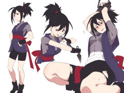 Rule 34 | 1girl, arms up, asutora, bike shorts, black gloves, black hair, breasts, closed mouth, fingerless gloves, gloves, holding, holding weapon, kunai, medium breasts, multiple views, ninja, open mouth, red eyes, restrained, short hair, sidelocks, simple background, smile, standing, teeth, torn bike shorts, torn clothes, trembling, weapon, white background