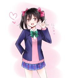 Rule 34 | 1girl, artist name, black hair, blush, bow, hair bow, hand on own hip, heart, highres, looking at viewer, love live!, love live! school idol project, medium hair, open mouth, otonokizaka school uniform, pink bow, red eyes, ririn (ririn 501), school uniform, skirt, smile, solo, standing, translation request, twintails, yazawa nico