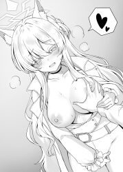 Rule 34 | 1girl, absurdres, akira (blue archive), animal ear fluff, animal ears, belt, blue archive, blush, breasts, cape, cat ears, choker, collared cape, female masturbation, grabbing, grabbing another&#039;s breast, grabbing another's breast, greyscale, groping, guided breast grab, guiding hand, halo, heart, heavy breathing, highres, holding another&#039;s wrist, large breasts, long hair, long sleeves, masturbation, masturbation through clothes, monochrome, nipples, open clothes, open mouth, open shirt, pants, ryochapu, solo focus, spoken heart, sweat