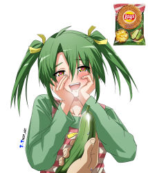 Rule 34 | 1girl, :d, absurdres, arms up, artist logo, artist name, blush, brown eyes, chips (food), collarbone, commentary, cucumber, drooling, food, green hair, green shirt, hair between eyes, hands on own cheeks, hands on own face, heart, heart-shaped pupils, heavy breathing, highres, holding, holding food, lay&#039;s (potato chips), long sleeves, looking at viewer, medium hair, mouth drool, nisp art, open mouth, original, parted bangs, personification, pink vest, potato chips, pov, pov hands, ribbon, russian commentary, shirt, short twintails, simple background, smile, solo focus, symbol-shaped pupils, teeth, twintails, upper body, upper teeth only, vest, white background, yellow ribbon