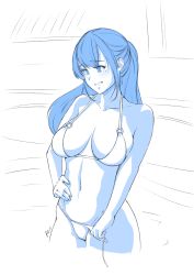 Rule 34 | 1girl, :d, absurdres, azurcentauri, bad id, bad pixiv id, bikini, blue eyes, blue theme, breasts, hand on own hip, highres, large breasts, long hair, mole, mole under eye, monochrome, multiple monochrome, navel, o-ring, o-ring top, open mouth, original, sketch, smile, solo, swimsuit, untied bikini, wading