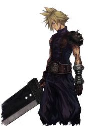 Rule 34 | 1boy, armor, bandaged arm, bandages, belt, blonde hair, blue eyes, bolt (hardware), buster sword, cloud strife, earrings, final fantasy, final fantasy vii, fingerless gloves, gloves, holding, holding sword, holding weapon, jewelry, looking to the side, male focus, muscular, pauldrons, screw, short hair, shoulder armor, shu-mai, simple background, solo, spiked hair, square enix, strap, sword, turtleneck, weapon, white background