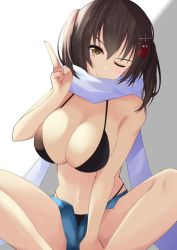 Rule 34 | 1girl, alternate breast size, bikini, black bikini, blue shorts, breasts, brown eyes, brown hair, butterfly sitting, cleavage, denim, denim shorts, hair between eyes, hair ornament, highleg, highleg bikini, highres, kantai collection, large breasts, looking at viewer, navel, one eye closed, open clothes, open fly, open shorts, scarf, sendai (kancolle), sendai kai ni (kancolle), short hair, short shorts, shorts, sitting, smile, solo, stomach, swimsuit, ton ton tontoro, two side up, white scarf