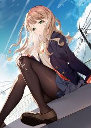 Rule 34 | 1girl, ankh, bison cangshu, black jacket, blazer, blue sky, brown footwear, brown hair, brown pantyhose, brown sweater, chain-link fence, closed mouth, cloud, collared shirt, commentary request, day, fence, floating hair, green eyes, grey skirt, gridman universe, highres, jacket, loafers, long hair, looking at viewer, minami yume, open clothes, open jacket, outdoors, pantyhose, pleated skirt, power lines, shirt, shoes, sitting, skirt, sky, solo, ssss.dynazenon, sweater, utility pole, white shirt