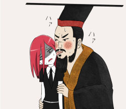 Rule 34 | 1boy, androgynous, arumikei, beard, black hair, blush, chinese clothes, cinnabar (houseki no kuni), commentary, crossover, facial hair, gem uniform (houseki no kuni), guan hat, houseki no kuni, licking, licking another&#039;s face, mian guan, mustache, real life, red hair, shaded face, simple background