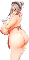 Rule 34 | 1girl, absurdres, apron, ass, blush, bow, breasts, hair bun, hair intakes, hair over shoulder, highres, holding, huge breasts, labiata (last origin), ladle, last origin, maid headdress, naked apron, namamo (kura), open mouth, plump, prototype labiata, red eyes, sideboob, sidelocks, silver hair, single hair bun, solo, thick arms, thick thighs, thighs, white background