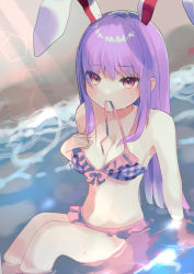 Rule 34 | 1girl, animal ears, bikini, breasts, cleavage, day, feet out of frame, frills, hand on own chest, highres, ijen (ljenejl), large breasts, lens flare, light blush, light rays, long hair, mouth hold, outdoors, partially submerged, purple hair, rabbit ears, red eyes, reisen udongein inaba, sitting, solo, swimsuit, touhou, very long hair