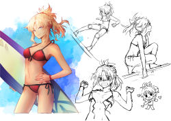 Rule 34 | :o, absurdres, bare shoulders, bikini, blonde hair, blue eyes, blush, breasts, collarbone, dogdogwanwan, fate/grand order, fate (series), front-tie top, hair ornament, hair scrunchie, hand on own hip, heart, highres, medium hair, messy hair, mordred (fate), mordred (fate) (all), mordred (fate/apocrypha), mordred (swimsuit rider) (fate), mordred (swimsuit rider) (first ascension) (fate), multiple views, partially colored, red bikini, red scrunchie, scrunchie, short ponytail, side-tie bikini bottom, small breasts, surfboard, swimsuit, untied bikini