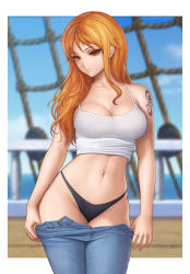Rule 34 | ass, black panties, breasts, cleavage, clothes pull, crop top, flowerxl, large breasts, nami (one piece), navel, one piece, orange hair, panties, pants, pants pull, unworn pants, partially undressed, pervert, red eyes, ship, shoulder tattoo, swimsuit, tank top, tattoo, thighs, underwear, watercraft