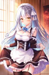 Rule 34 | 1girl, absurdres, apron, black dress, black sleeves, black thighhighs, blue bow, blue hair, blush, bow, breasts, brown eyes, cleavage, closed mouth, commentary request, detached sleeves, dress, frilled apron, frilled dress, frills, fuuna, garter straps, grey hair, hair between eyes, highres, indoors, juliet sleeves, long sleeves, maid, maid headdress, medium breasts, multicolored hair, original, puffy sleeves, skirt hold, sleeveless, sleeveless dress, smile, solo, sunlight, thighhighs, two-tone hair, white apron, wings