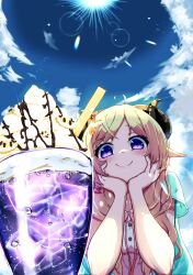 Rule 34 | 1girl, ahoge, animal ears, blonde hair, blue sky, cloud, commentary request, dongchuan, drinking straw, food, head rest, highres, hololive, horns, ice cream, ice cream float, lens flare, looking at viewer, purple eyes, sheep ears, sheep girl, sheep horns, sky, smile, solo, sun, tsunomaki watame, upper body, virtual youtuber