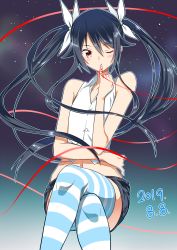 Rule 34 | 1girl, bare arms, bare shoulders, black hair, blue outline, blush, buttons, collarbone, commentary request, crossed legs, dated, finger to mouth, gradient background, hair between eyes, hair flaps, hair ribbon, highres, invisible chair, long hair, navel, one eye closed, ore twintail ni narimasu, outline, pinky to mouth, ribbon, sitting, sleeveless, solo, string, string of fate, striped clothes, striped thighhighs, thighhighs, tsube aika, twintails, very long hair, white ribbon, wing collar, yellow eyes, yuto (dialique)