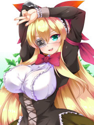 Rule 34 | 1girl, arms up, blonde hair, blush, bow, breasts, chuunibyou, fang, flower knight girl, frills, green eyes, hair ribbon, hairband, impossible clothes, ivy (flower knight girl), kougasha, large breasts, long hair, looking at viewer, meme attire, open mouth, red bow, ribbon, skirt, smile, solo, underbust, upper body, very long hair, virgin killer outfit