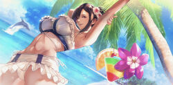 Rule 34 | 1girl, armpits, arms up, asymmetrical bangs, beach, bikini, bikini skirt, black hair, breasts, cocktail glass, cup, dolphin, drinking glass, dutch angle, final fantasy, final fantasy vii, final fantasy vii rebirth, final fantasy vii remake, flower, frilled bikini, frilled bikini top, frills, gauss &lt;bokashi, hair flower, hair ornament, hair up, highres, large breasts, long hair, navel, ocean, official alternate costume, official alternate hairstyle, open mouth, outdoors, palm tree, red eyes, single sidelock, smile, solo, stretching, swimsuit, tifa lockhart, tifa lockhart (shining spirit), tree, white bikini