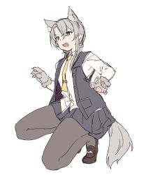 Rule 34 | 1girl, alternate sleeve length, animal ears, animal hands, asymmetrical hair, flipped hair, grey eyes, grey pantyhose, grey skirt, grey vest, kantai collection, loafers, long sleeves, nowaki (kancolle), open mouth, pantyhose, pleated skirt, satsumi, shirt, shoes, silver hair, simple background, skirt, solo, squatting, swept bangs, tail, vest, white background, white shirt, wolf ears, wolf tail, yellow neckwear