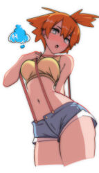 Rule 34 | 1girl, absurdres, asymmetrical hair, bare arms, blue eyes, blush, breasts, clothes pull, cowboy shot, creatures (company), denim, denim shorts, eyelashes, female focus, game freak, gen 1 pokemon, green eyes, gym leader, hair between eyes, hair tie, highres, legs, looking at viewer, medium breasts, midriff, minx-art, misty (pokemon), navel, nintendo, open mouth, orange hair, pokemon, pokemon (anime), pokemon (classic anime), ponytail, shirt, short hair, short shorts, shorts, side ponytail, simple background, solo, standing, suspenders, suspenders pull, tank top, thighs, white background, wide hips, yellow shirt, yellow tank top