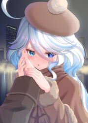 Rule 34 | 1girl, absurdres, beret, blue eyes, blue hair, blush, brown coat, brown headwear, cityscape, coat, cowlick, drop-shaped pupils, furina (genshin impact), genshin impact, hair between eyes, hand on another&#039;s cheek, hand on another&#039;s face, hands on another&#039;s hands, hands up, hat, heterochromia, highres, light blue hair, long hair, looking at viewer, mismatched pupils, night, nigurasute, open mouth, pov, pov hands, reflection, symbol-shaped pupils, water, winter clothes