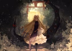 Rule 34 | 1girl, black footwear, blonde hair, boots, bow, closed mouth, day, dress, expressionless, full body, gap (touhou), hair bow, highres, holding, long hair, long sleeves, looking at viewer, low-tied long hair, nature, outdoors, parasol, purple eyes, red bow, shoes, sidelocks, solo, stairs, standing, tabard, thkani, torii, touhou, tree, umbrella, walking, white dress, wide sleeves, yakumo yukari