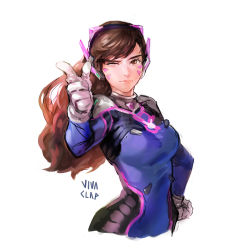 Rule 34 | 1girl, animal print, artist name, blue bodysuit, bodysuit, breasts, brown eyes, brown hair, d.va (overwatch), facepaint, facial mark, finger gun, headphones, high collar, light smile, long hair, looking at viewer, medium breasts, one eye closed, overwatch, overwatch 1, pilot suit, pink lips, pointing, pointing at viewer, rabbit print, shoulder pads, signature, simple background, sketch, skin tight, solo, swept bangs, upper body, vivaclap, whisker markings, white background