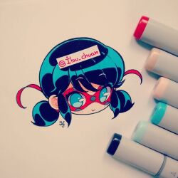 Rule 34 | 1girl, art tools in frame, black hair, blue eyes, blush, domino mask, head only, ibi chuan, looking at viewer, marinette dupain-cheng, marker, marker (medium), mask, miraculous ladybug, short twintails, simple background, smile, spanish commentary, traditional media, twintails, white background