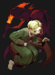 Rule 34 | 1girl, animal, barefoot, blonde hair, braid, cape, creature, dress, drooling, elden ring, evil smile, flat chest, forked tongue, green dress, green eyes, hair bun, highres, holding, holding animal, holding torch, interspecies, looking at viewer, mouse (animal), open mouth, poch4n, reptile, rya (elden ring), saliva, scared, sharp teeth, shield, short bangs, smile, snake, sweat, teeth, tongue, torch, twin braids, wavy mouth, wide sleeves