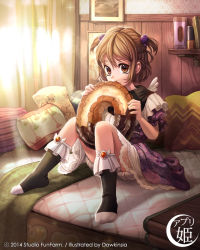 Rule 34 | 1girl, bed, brown hair, couch, curtains, dawkinsia, dessert, dress, eating, food, full body, indoors, looking at viewer, original, pillow, puffy short sleeves, puffy sleeves, purple dress, purple eyes, short hair, short sleeves, short twintails, sitting, smile, socks, solo, sunlight, twintails