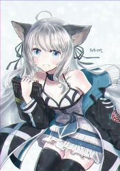 1girl absurdres ahoge animal_ears arknights black_jacket black_ribbon blue_eyes cat_ears cat_girl character_name dress grey_hair hair_ribbon highres infection_monitor_(arknights) jacket jiru_(6pp_ab) long_hair long_sleeves looking_at_viewer mint_(arknights) open_clothes open_jacket ribbon simple_background solo white_background