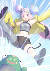 Rule 34 | 1girl, :d, armpits, bellibolt, bike shorts, blush, boots, breasts, character hair ornament, commentary request, creatures (company), dorai, eyelashes, game freak, grey footwear, grey shirt, hair ornament, highres, iono (pokemon), jacket, looking at viewer, multicolored hair, nintendo, open clothes, open jacket, open mouth, pink hair, pokemon, pokemon (creature), pokemon sv, purple eyes, sharp teeth, shirt, sleeveless, sleeveless shirt, small breasts, smile, spread legs, teeth, tongue, twintails, two-tone hair, upper teeth only, yellow jacket