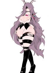 Rule 34 | 1girl, amputee, black choker, bow, bowtie, breasts, choker, cleavage, five nights at freddy&#039;s, five nights at freddy&#039;s 2, formal, furry, furry female, highres, large breasts, long hair, mechanical ears, messy hair, obscured face, purple hair, rabbit ears, rabbit girl, robot girl, striped clothes, striped thighhighs, suit, thick thighs, thighhighs, thighs, torn clothes, usa37107692, very long hair, wide hips, wire, withered bonnie
