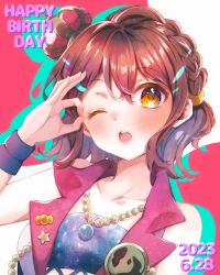 Rule 34 | 1girl, birthday, blush, braid, brown hair, commentary request, crown, hair between eyes, hair ornament, hairclip, highres, idolmaster, idolmaster million live!, idolmaster million live! theater days, jewelry, kasuga mirai, kori (spinsongs), looking at viewer, mini crown, necklace, ok sign, one eye closed, open mouth, sleeveless, solo, upper body, yellow eyes
