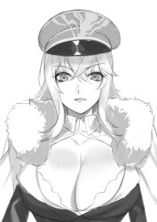 Rule 34 | 1girl, absurdres, azur lane, breasts, cape, cleavage, commentary request, copyright request, deras, fur trim, greyscale, hair between eyes, hat, highres, large breasts, long hair, looking at viewer, monochrome, parted lips, peaked cap, simple background, solo, white background