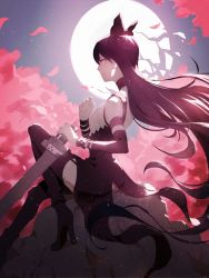 Rule 34 | 1girl, bare shoulders, black hair, blake belladonna, boots, breasts, cherry blossoms, full body, full moon, high heel boots, high heels, long hair, looking at viewer, medium breasts, moon, rwby, solo, sword, thigh boots, thighhighs, weapon, zane (759072704)