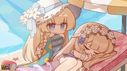 Rule 34 | 2girls, bare shoulders, beach, beach umbrella, benghuai xueyuan, blanket, blonde hair, blue eyes, blue sky, braid, bucket, character request, chibi, closed eyes, closed mouth, cloud, copyright name, day, eta, feet out of frame, hands up, hat, highres, holding, honkai (series), horizon, long hair, lying, multiple girls, ocean, on side, one-piece swimsuit, outdoors, purple one-piece swimsuit, sand, see-through, single braid, sky, starfish, straw hat, sunlight, swimsuit, umbrella, unmoving pattern, very long hair, white headwear, wrist cuffs