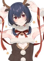 Rule 34 | 1girl, animal ears, antlers, armpits, arms up, bare shoulders, bell, black dress, black hair, blush, bow, commentary request, cropped torso, deer ears, dress, fur-trimmed dress, fur trim, gin00, hair between eyes, hair over shoulder, head tilt, highres, horns, idolmaster, idolmaster shiny colors, kemonomimi mode, looking at viewer, low twintails, morino rinze, parted lips, red bow, red eyes, reindeer antlers, simple background, smile, solo, star (symbol), strapless, strapless dress, striped, striped bow, twintails, upper body, white background