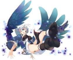 Rule 34 | ahoge, amazuyu tatsuki, angel wings, aquaplus, ass, black wings, blue eyes, breasts, covered erect nipples, feathered wings, feet, highres, camyu, large breasts, large wings, leotard, medium hair, nipples, official art, open mouth, outstretched arms, raised eyebrows, shortstack, sparkle, sparkle background, spread arms, teeth, thighs, tongue, transparent background, utawarerumono, utawarerumono: lost flag, white hair, wings
