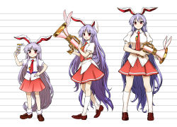 Rule 34 | 1girl, :3, absurdly long hair, animal ears, brown footwear, commentary request, eyes visible through hair, full body, height chart, highres, itou yuuji, kneehighs, legs apart, long hair, looking at viewer, lunatic gun, multiple views, necktie, parted lips, puffy short sleeves, puffy sleeves, purple hair, rabbit ears, rabbit girl, rabbit tail, red eyes, red neckwear, red skirt, reisen udongein inaba, shirt, shoes, short sleeves, simple background, skirt, smile, socks, standing, tail, touhou, very long hair, white background, white shirt, white socks, wing collar