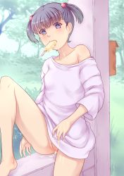 Rule 34 | 1girl, amashoku jirou, black hair, blush, bottomless, eating, food, mouth hold, original, popsicle, purple eyes, pussy, short hair, solo, twintails, uncensored