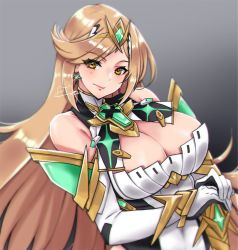 Rule 34 | 1girl, bare shoulders, blonde hair, breasts, cleavage, closed mouth, dress, earrings, elbow gloves, gloves, grey background, highres, holding, holding sword, holding weapon, jewelry, lips, long hair, looking at viewer, meowyin, mythra (xenoblade), nintendo, smile, solo, super smash bros., sword, tiara, weapon, white dress, white gloves, xenoblade chronicles (series), xenoblade chronicles 2, yellow eyes