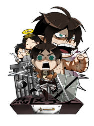 Rule 34 | 1girl, 3boys, ahoge, angry, bad id, bad pixiv id, belt, black hair, boots, brown hair, carla yeager, charging forward, chibi, cuffs, dual wielding, emblem, eren yeager, facial hair, glasses, green eyes, grisha yeager, halo, handcuffs, highres, holding, insignia, jacket, long hair, looking at viewer, low-tied long hair, military, military uniform, miyamayomema, monster, multiple boys, muscular, open mouth, prison, rogue titan, running, shackles, shaded face, shingeki no kyojin, short hair, simple background, smoke, sword, syringe, teeth, thigh strap, three-dimensional maneuver gear, titan (shingeki no kyojin), uniform, waving, weapon, white background