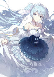 Rule 34 | 1girl, bare shoulders, blue dress, blue hair, closed mouth, collarbone, commentary request, dress, grey eyes, hair between eyes, hatsune miku, juliet sleeves, linfi-muu, long hair, long sleeves, puffy sleeves, revision, skirt hold, smile, snowflakes, solo, strapless, strapless dress, tiara, twintails, very long hair, vocaloid, white background, yuki miku