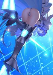 Rule 34 | 1girl, :d, absurdres, armor, armored boots, ass, bent over, blue eyes, blue ribbon, blush, boots, breasts, commentary request, crotch plate, fate/extra, fate/extra ccc, fate/grand order, fate (series), from behind, hair ribbon, highres, long hair, long sleeves, looking at viewer, looking back, meltryllis (fate), meltryllis (third ascension) (fate), navel, open mouth, purple hair, revealing clothes, ribbon, saruchitan, sleeves past wrists, smile, solo, thighhighs, very long hair