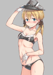 Rule 34 | 10s, 1girl, blonde hair, blue eyes, blush, bra, breasts, cleavage, cowboy shot, gloves, hair ribbon, hat, highres, kantai collection, looking at viewer, low twintails, military hat, panties, peaked cap, prinz eugen (kancolle), ribbon, simple background, small breasts, smile, solo, spirytus tarou, twintails, underwear, underwear only, white gloves