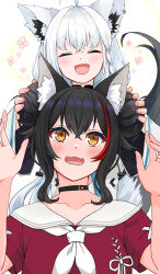 2girls animal_ear_fluff animal_ears black_hair blush closed_eyes fang fox_ears fox_girl fox_tail hair_bun highres hololive looking_at_viewer mia960 multicolored_hair multiple_girls neckerchief official_alternate_costume ookami_mio ookami_mio_(another_ookami_mio) open_mouth red_hair red_shirt sailor_collar shirakami_fubuki shirakami_fubuki_(1st_costume) shirt skin_fang smile streaked_hair tail virtual_youtuber white_hair white_neckerchief white_sailor_collar wolf_ears wolf_girl