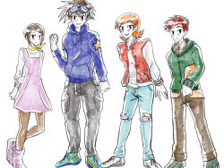 2boys 2girls digimon highres izumi_koshiro looking_at_viewer multiple_boys multiple_girls takenouchi_sora yagami_hikari yagami_taichi