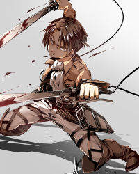 Rule 34 | 1boy, 218, ascot, belt, blood, boots, dual wielding, holding, jacket, levi (shingeki no kyojin), male focus, shingeki no kyojin, solo, sword, thigh strap, three-dimensional maneuver gear, weapon, wire