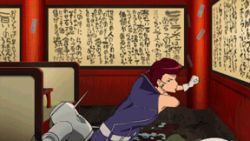 Rule 34 | 10s, 1girl, alien, animated, animated gif, gloves, indoors, japanese text, knife, lowres, pompadour, red hair, scarlet (space dandy), sleeveless, space dandy, stab, text focus, throwing knife, violence, weapon