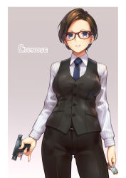 Rule 34 | 1girl, arms at sides, belt, black pants, black vest, blue eyes, blue necktie, border, brown eyes, brown hair, buttons, collared shirt, commentary, cowboy shot, earrings, eyelashes, finger on trigger, fingernails, genso, glasses, gradient background, gun, handgun, highres, holding, holding gun, holding weapon, jewelry, lipstick, long sleeves, looking at viewer, magazine (weapon), makeup, matching hair/eyes, necktie, original, pants, pinky out, pistol, shirt, smile, solo, striped clothes, striped shirt, stud earrings, vertical-striped clothes, vertical-striped shirt, vest, weapon, white border