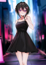 Rule 34 | 1girl, :q, absurdres, alternate costume, alternate hairstyle, azki (hololive), bare arms, bare shoulders, black hair, blurry, blurry background, blush, braid, breasts, choker, city, commentary, crown braid, depth of field, dress, empire waist, feet out of frame, hair between eyes, highres, hololive, looking at viewer, medium breasts, multicolored hair, outdoors, pink choker, pink hair, purple eyes, ribbon choker, rifufu, short dress, sleeveless, sleeveless dress, solo, spaghetti strap, streaked hair, tongue, tongue out, virtual youtuber, watch, wristwatch