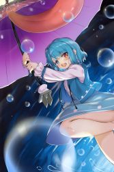 Rule 34 | 1girl, arms up, bad id, bad pixiv id, blue eyes, blue hair, blue skirt, blue vest, commentary request, drawstring, dutch angle, feet out of frame, heterochromia, highres, holding, holding umbrella, karakasa obake, leg lift, long sleeves, long tongue, looking at viewer, open clothes, open mouth, open vest, piyodesu, red eyes, shirt, skirt, solo, tatara kogasa, teeth, tongue, touhou, sunken fossil world, umbrella, upper teeth only, vest, water drop, white shirt