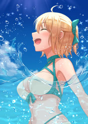 Rule 34 | 1girl, :d, absurdres, ahoge, aqua bow, bare shoulders, bathing, bikini, blonde hair, blue sky, blush, bow, breasts, cleavage, closed eyes, cloud, day, fate/grand order, fate (series), hair bow, highres, light rays, matsuba moco, medium breasts, navel, okita j. souji (fate), okita j. souji (third ascension) (fate), okita souji (fate), okita souji (koha-ace), open mouth, outdoors, partially submerged, short hair, short ponytail, skindentation, sky, smile, solo, sparkle, stomach, sunbeam, sunlight, swimsuit, upper body, water, white bikini